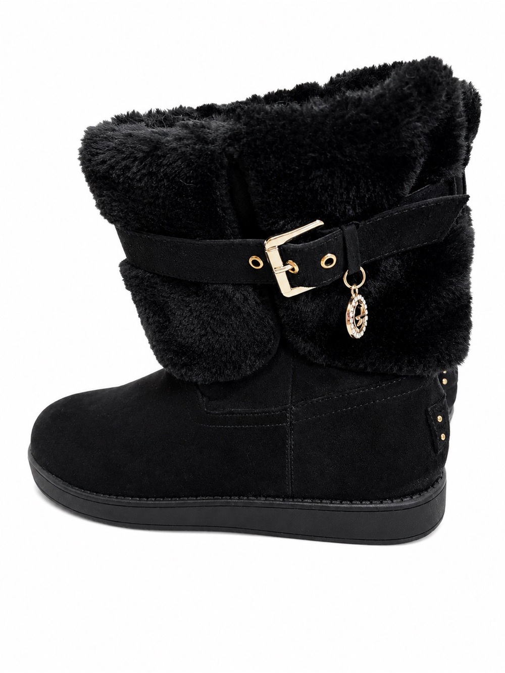 GBG Los Angeles Black Faux-Fur Buckle Winter Boots